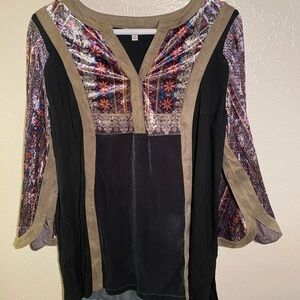 John Mark Black Tunic with Taupe Trim and Multicolor Printed Panels